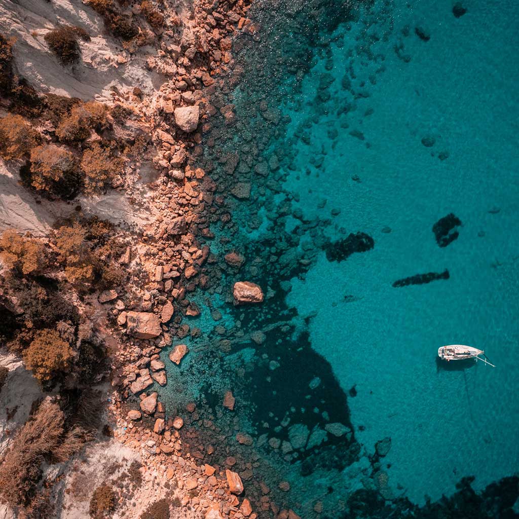 An aerial view of the coast of Ibiza