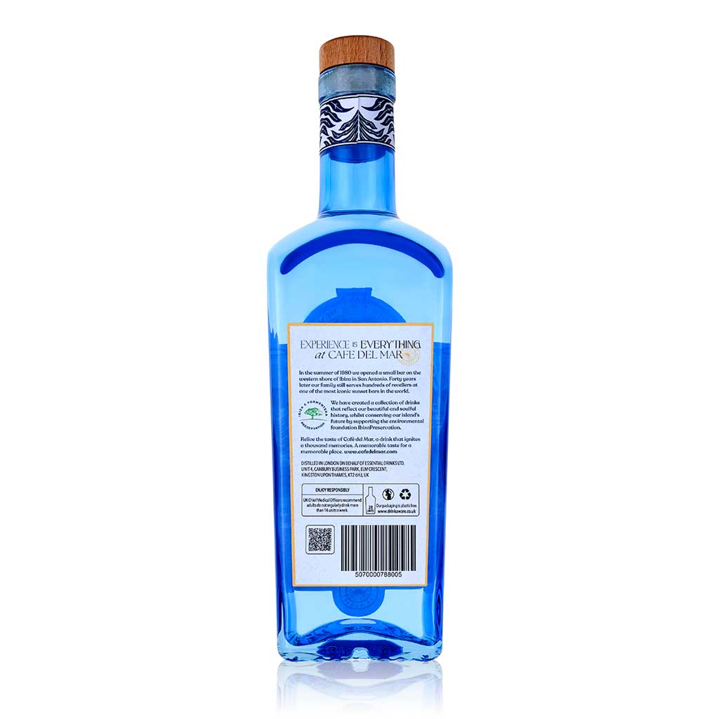 A rear view of the label of a bottle of Café del Mar Gin