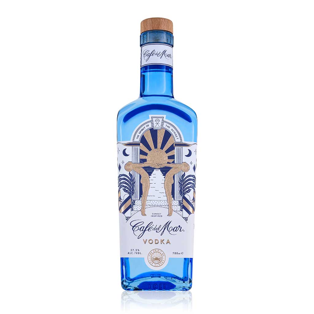 A front view of a bottle of Café del Mar Vodka