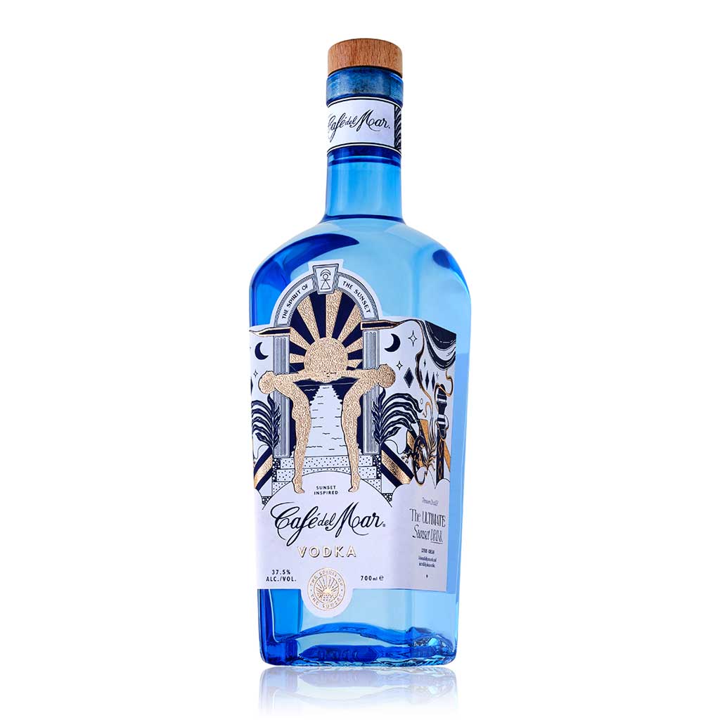 A side view of a bottle of Café del Mar Vodka